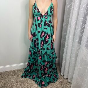 Banjul Maxi Dress Green With A Low Back Animal Print Size S